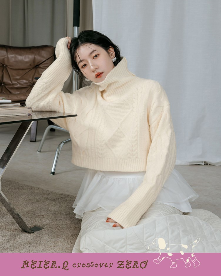 zero-高領麻花短版針織毛衣