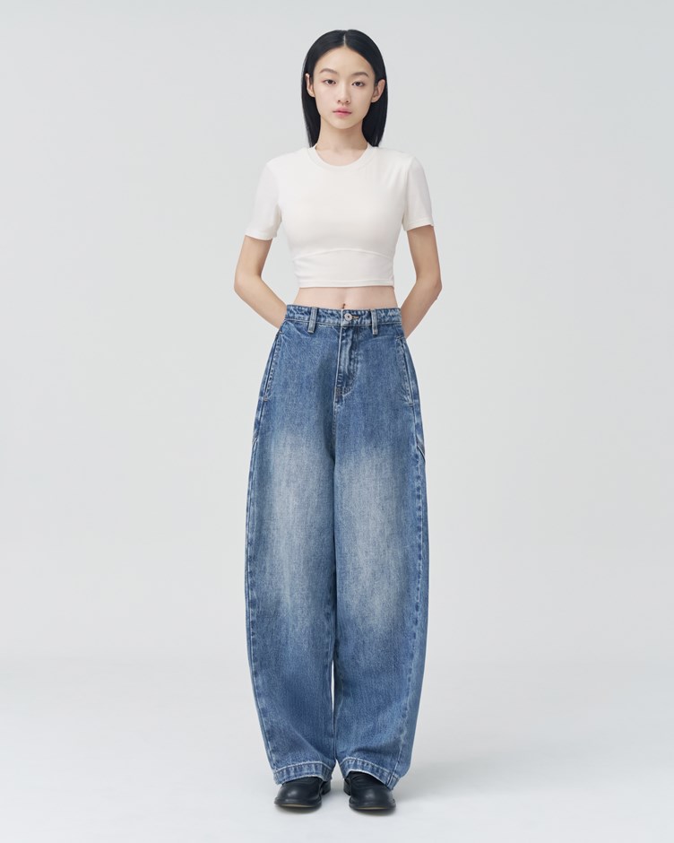 洗舊丹寧弧形長褲 (3D廓形褲)