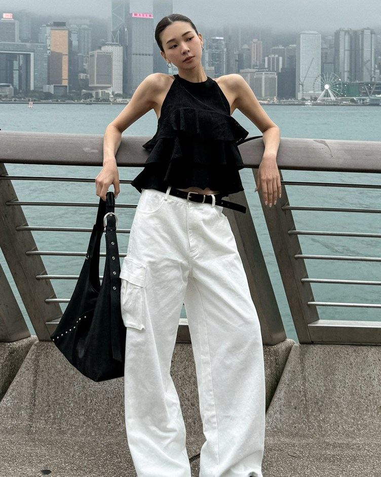 口袋造型斜紋寬褲