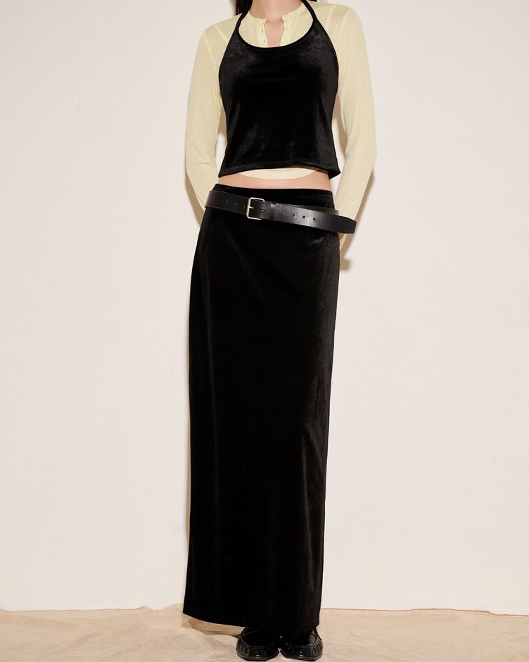 霧感光澤天鵝絨鬆緊長裙