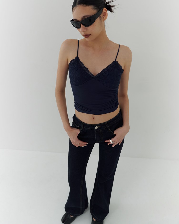 V領蕾絲抓皺細肩BRA TOP