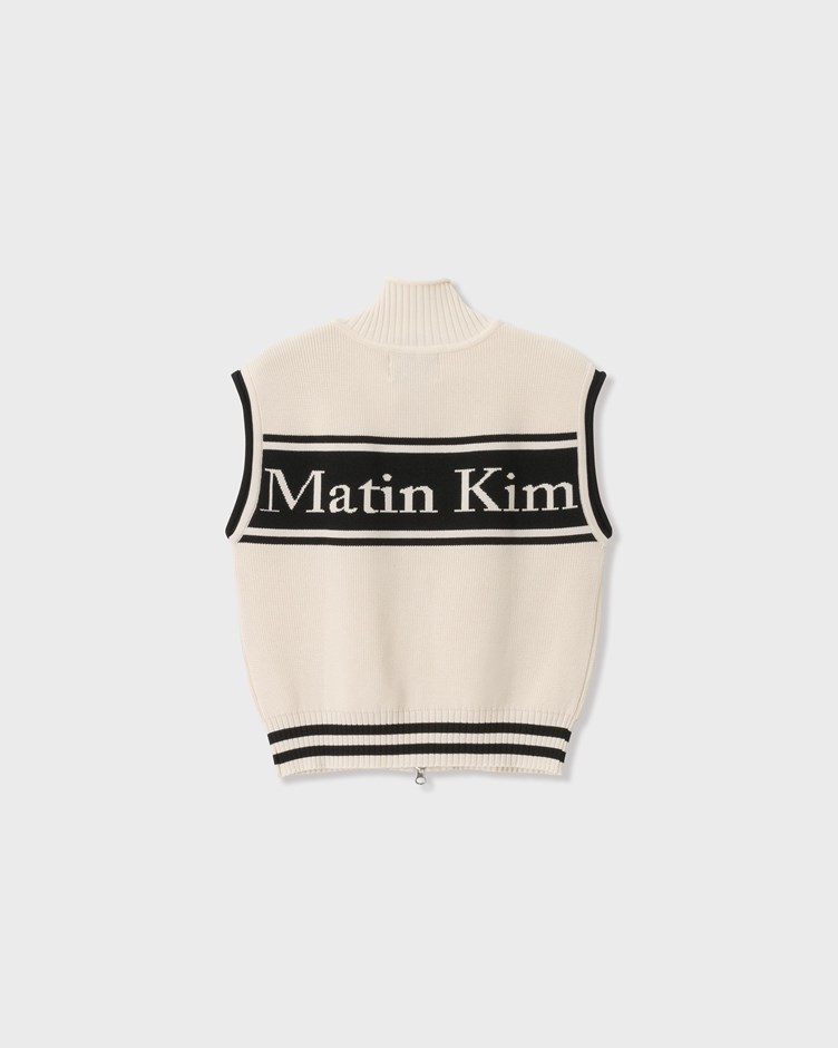Matin Kim-品牌LOGO條紋針織雙拉鍊背心-米色