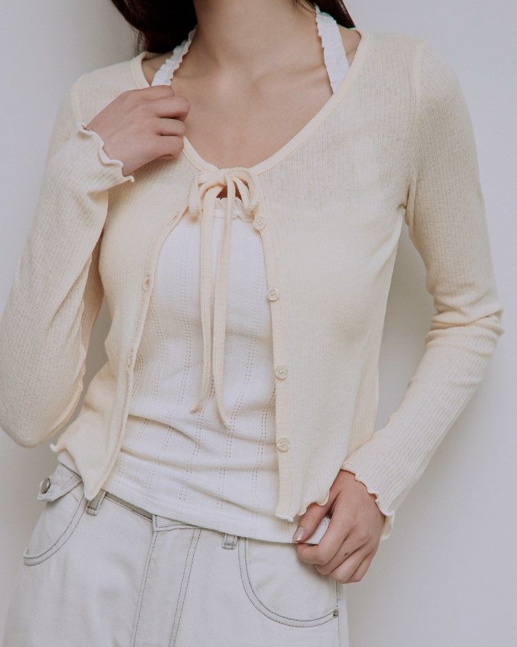 撞色捲邊綁帶開襟上衣