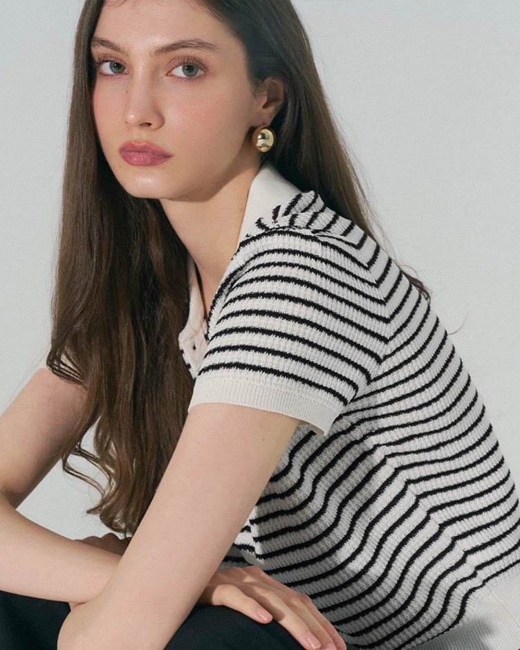 冰絲條紋排釦上衣