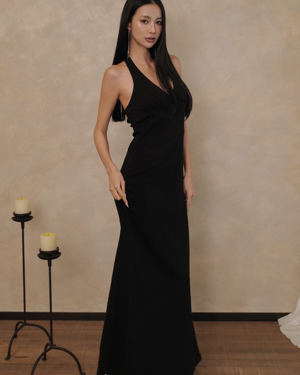 美背掛脖綁帶連身長裙