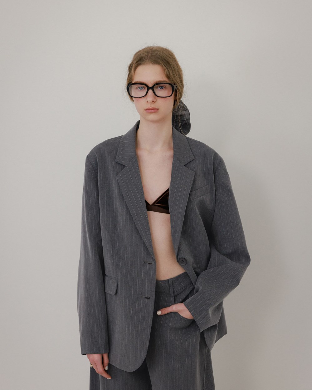 條紋繭型袖西裝外套(附髮圈)