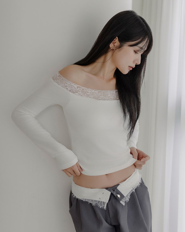 蕾絲一字領BRA TOP長袖上衣