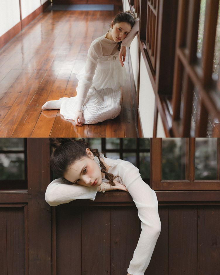 輕透細壓紋捲邊上衣