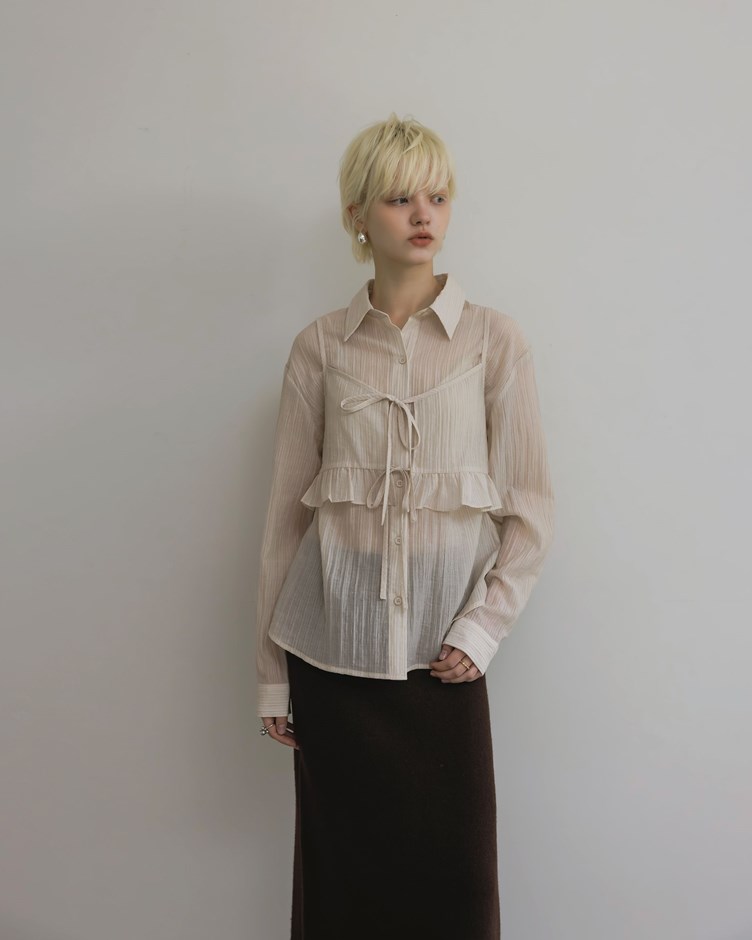 肌理感微透肌兩件式條紋襯衫