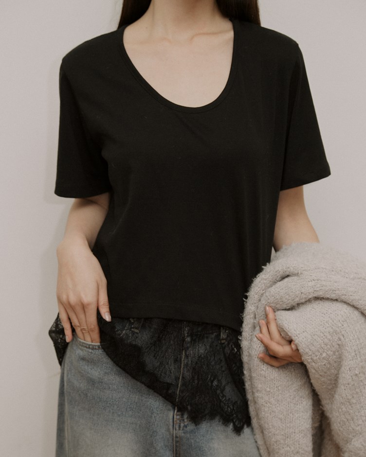 09 素色蕾絲下擺短袖上衣