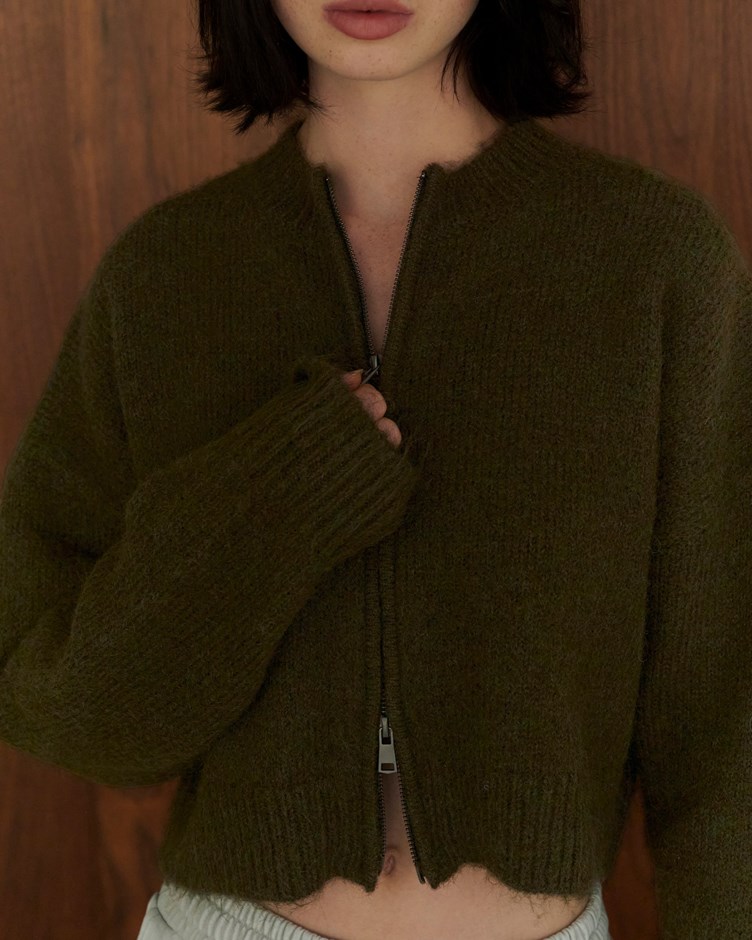 磨毛立領雙拉鍊針織上衣外套(金針菇&黃大謙聯名款)